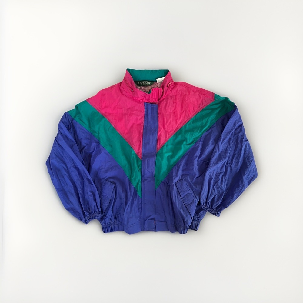 Vintage 90's Nylon Jacket Womens L Blue Pink Windbreaker Retro Full Zip Lined